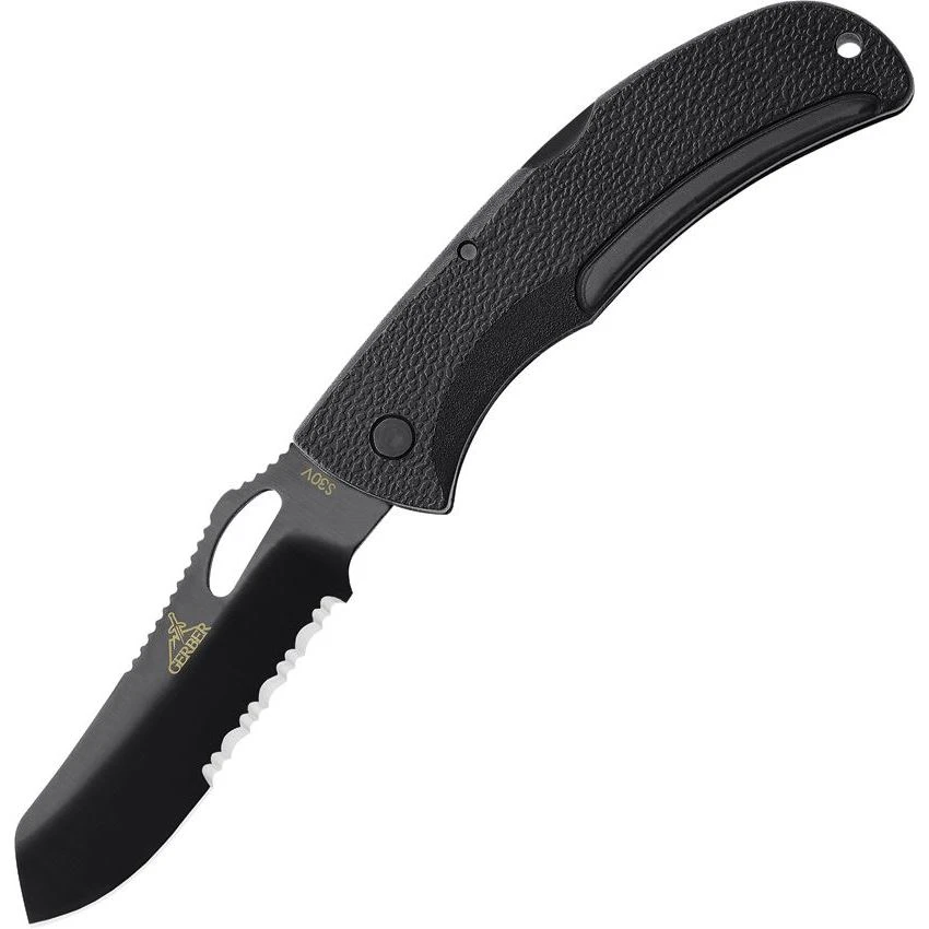 Gerber 1648G EZ Out DPSF Black Part Serrated Blade Lockback Folding Pocket Knife 3 Gerber 1648G EZ Out DPSF Black Part Serrated Blade Lockback Folding Pocket Knife